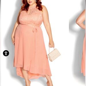 City Chic peach Lace Bodice Hi Lo lover belted Dress Sz 16 New